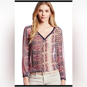 Lucky Brand Concord Paisley Sheer Hi Low Long Sleeve Blouse Size Small